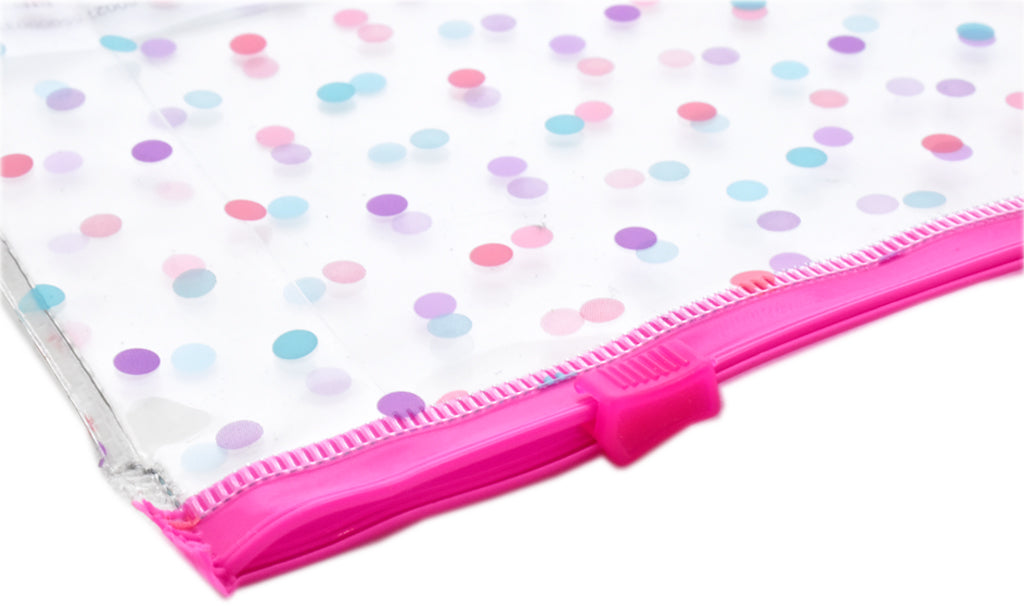 Cosmetiquera en forma de folder Peschelle transparente con puntos de colores