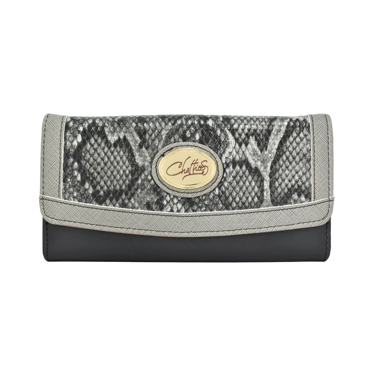 Cartera para dama Chatties de broche con diseño animal print tipo serpiente color negro