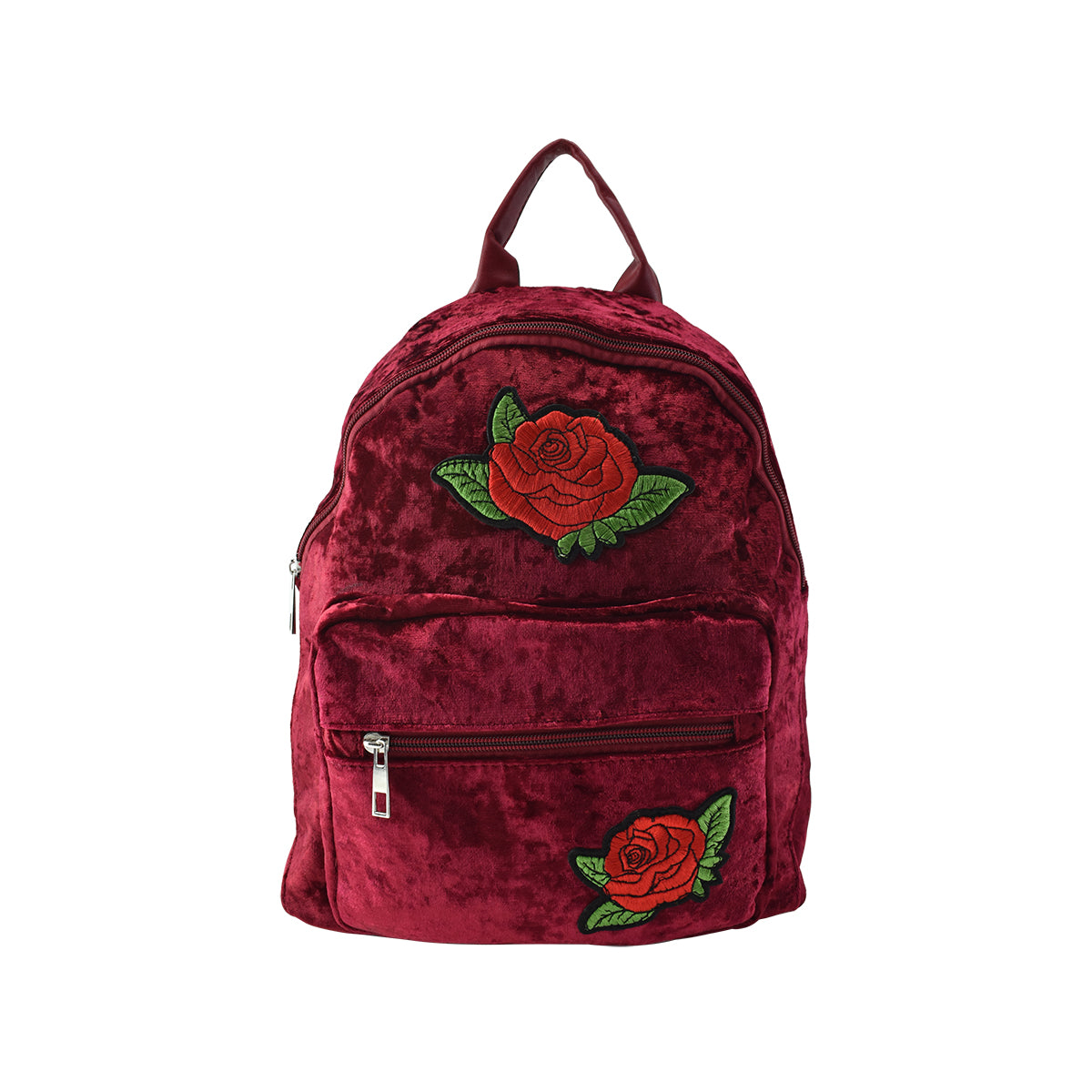 Mochila de terciopelo Peschelle con diseño de parches de rosas color vino
