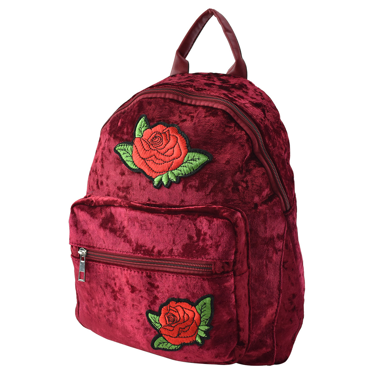 Mochila de terciopelo Peschelle con diseño de parches de rosas color vino