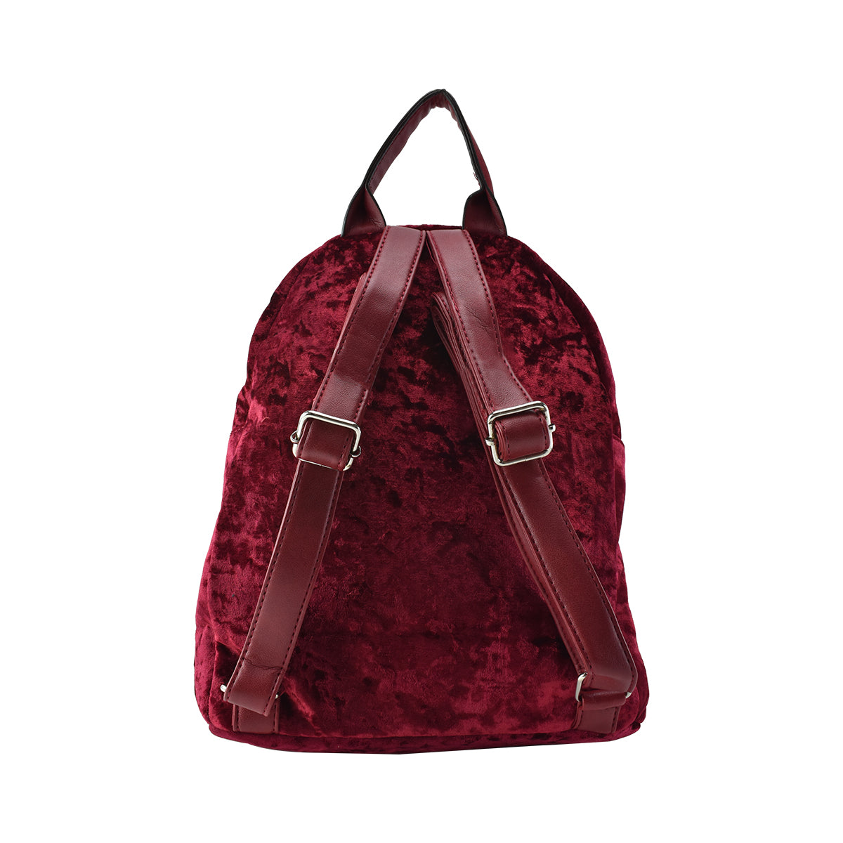 Mochila de terciopelo Peschelle con diseño de parches de rosas color vino