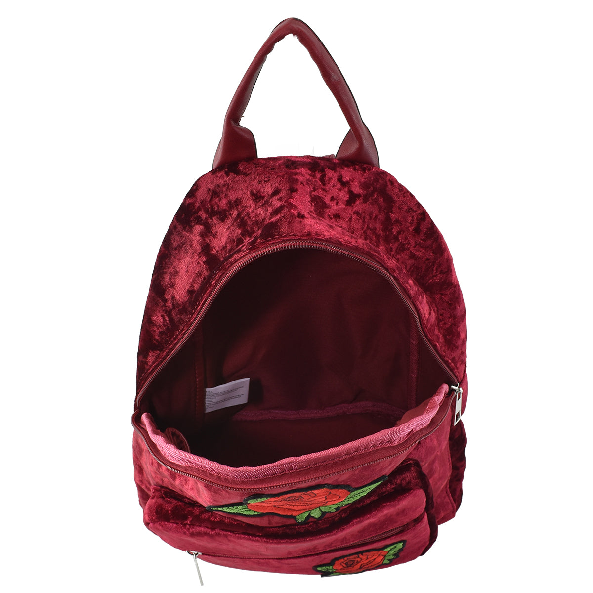 Mochila de terciopelo Peschelle con diseño de parches de rosas color vino