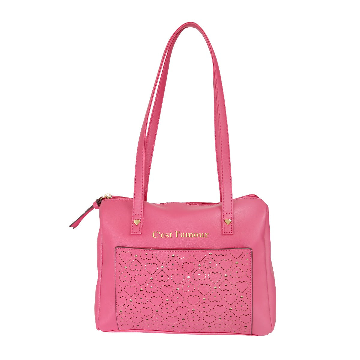Bolsa Lulu tipo tsatchel con diseño de corazones hechos con corte laser color rosa