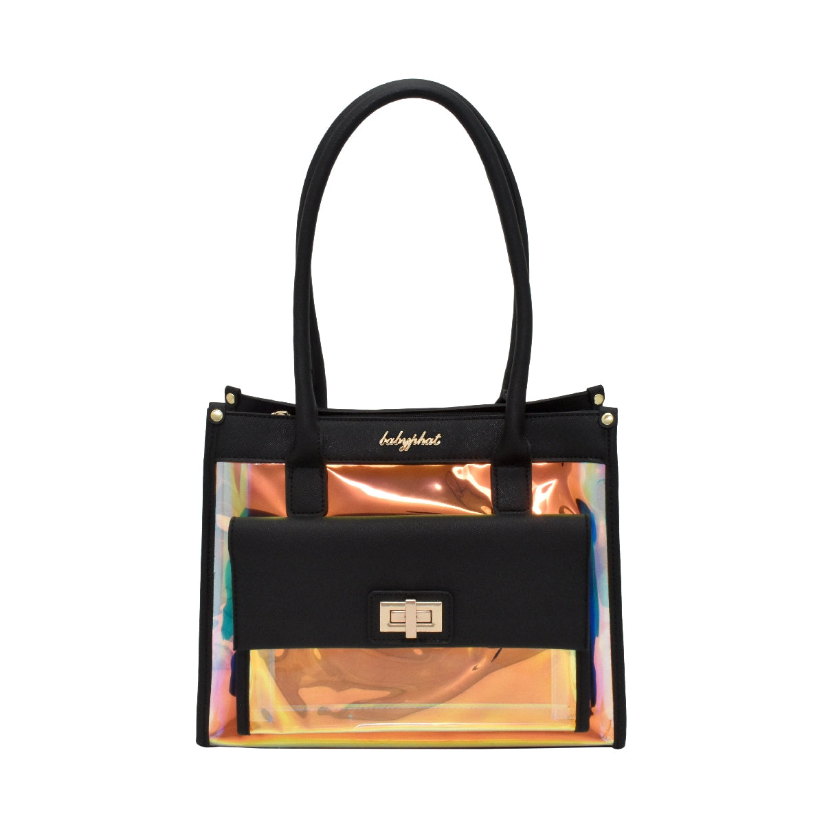 Bolsa [Baby Phat] tipo tote transparente 2 en 1 con cosmetiquera color tornasol