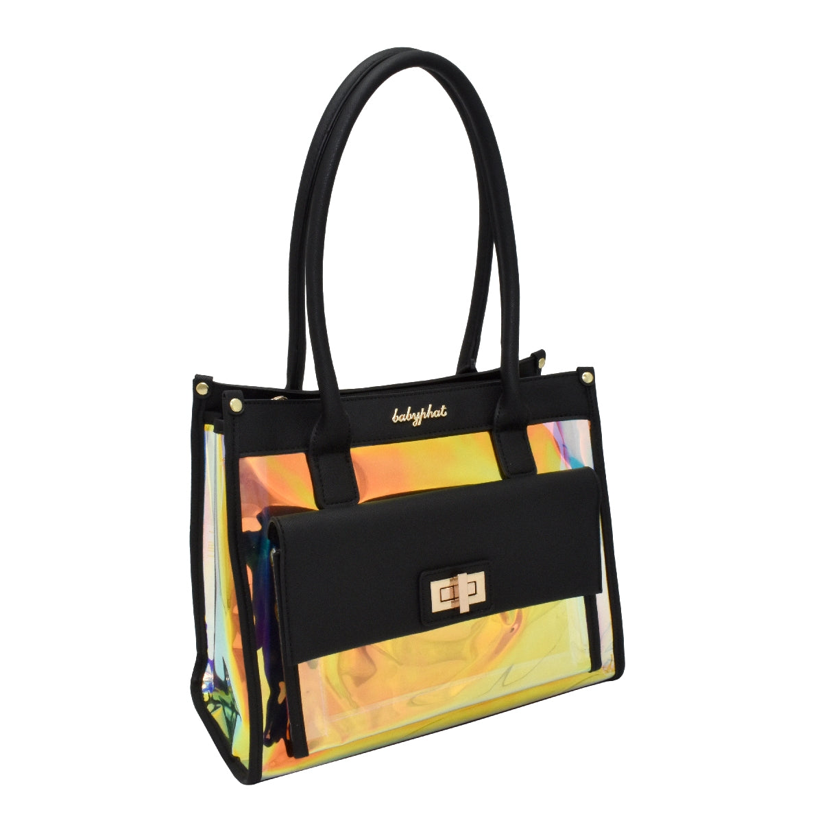 Bolsa [Baby Phat] tipo tote transparente 2 en 1 con cosmetiquera color tornasol