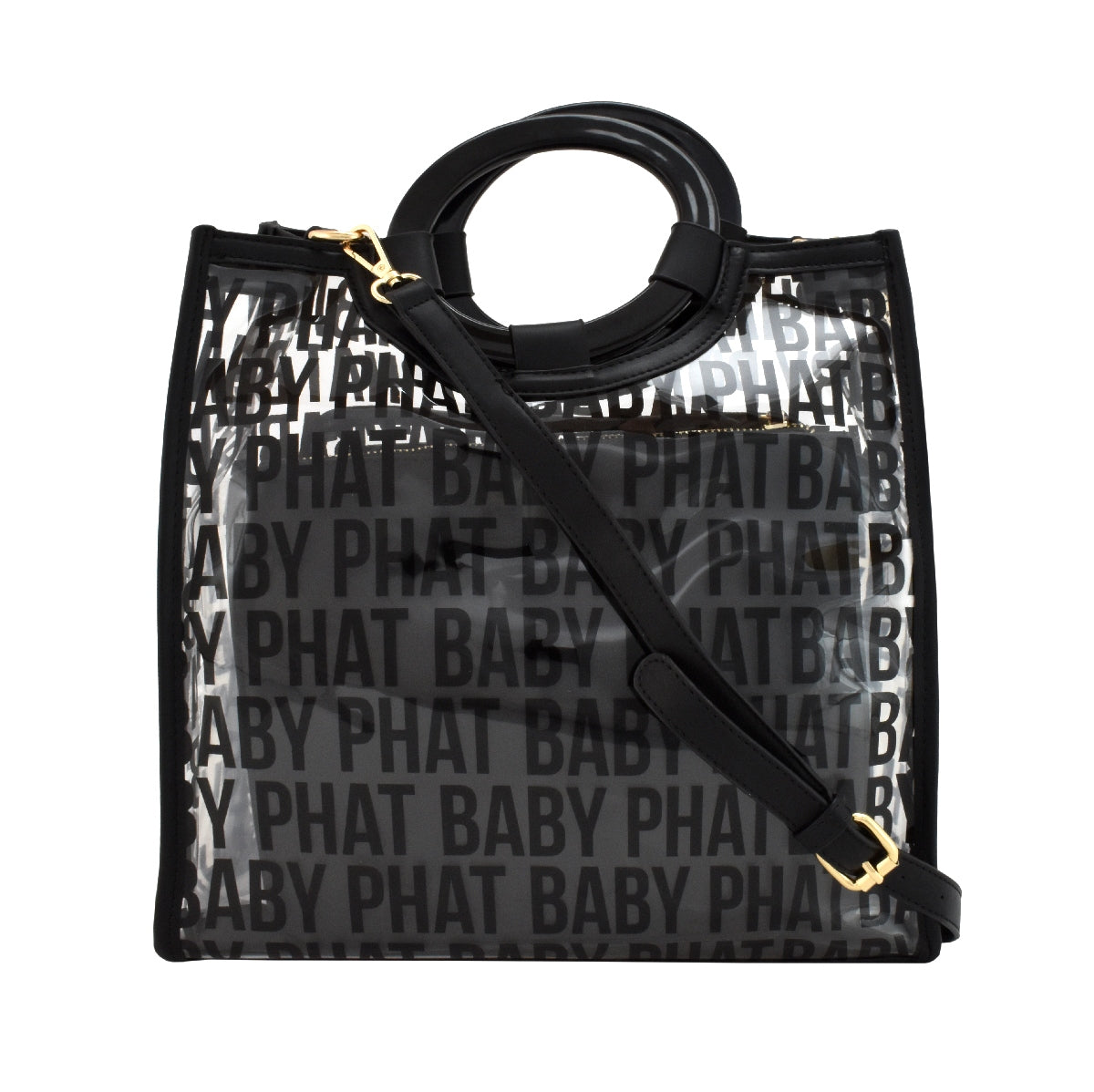Bolsa [Baby Phat] tipo tote transparente con nombre de la marca estampado y monedero con correa color negro