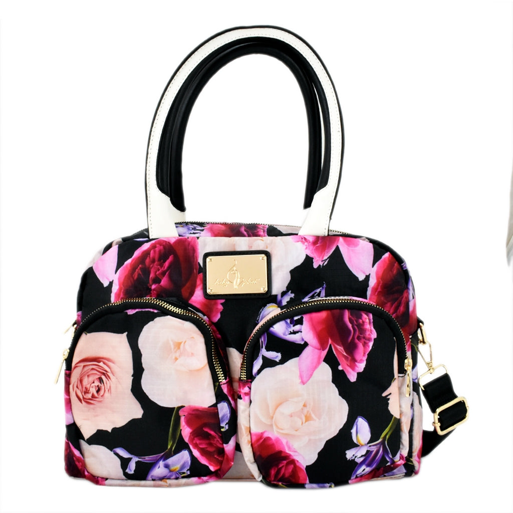 Bolsa [Baby Phat] tipo mini tote crossbody de nylon con asa a dos tonos y doble bolsa frontal con diseño floreado