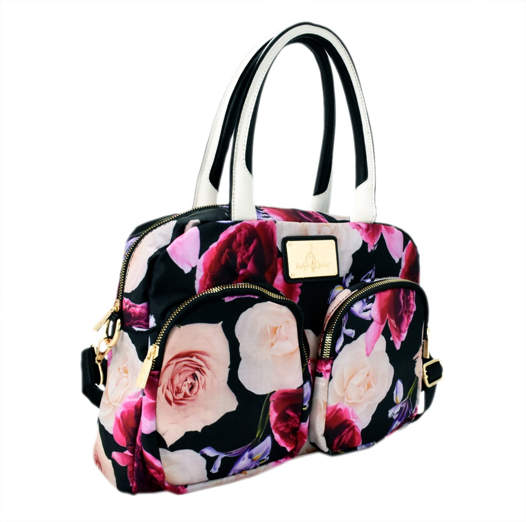 Bolsa [Baby Phat] tipo mini tote crossbody de nylon con asa a dos tonos y doble bolsa frontal con diseño floreado