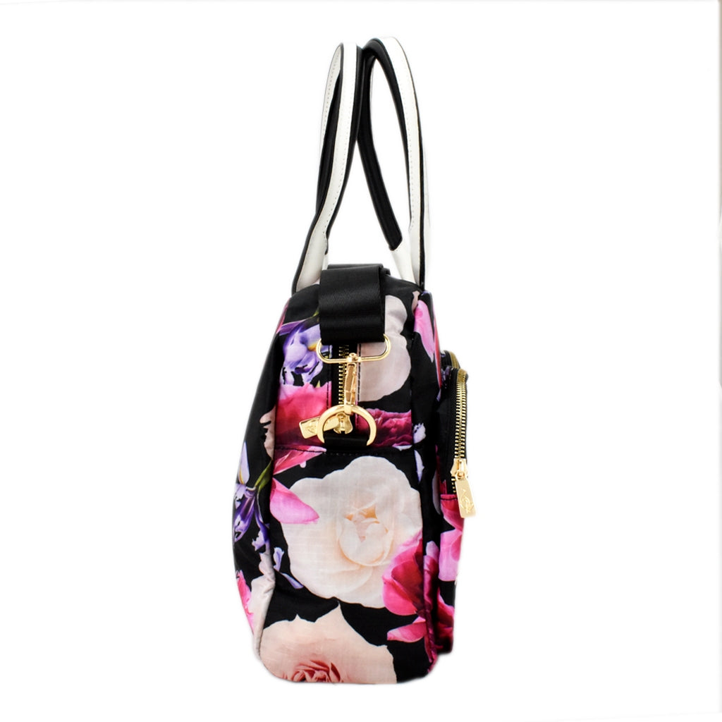 Bolsa [Baby Phat] tipo mini tote crossbody de nylon con asa a dos tonos y doble bolsa frontal con diseño floreado