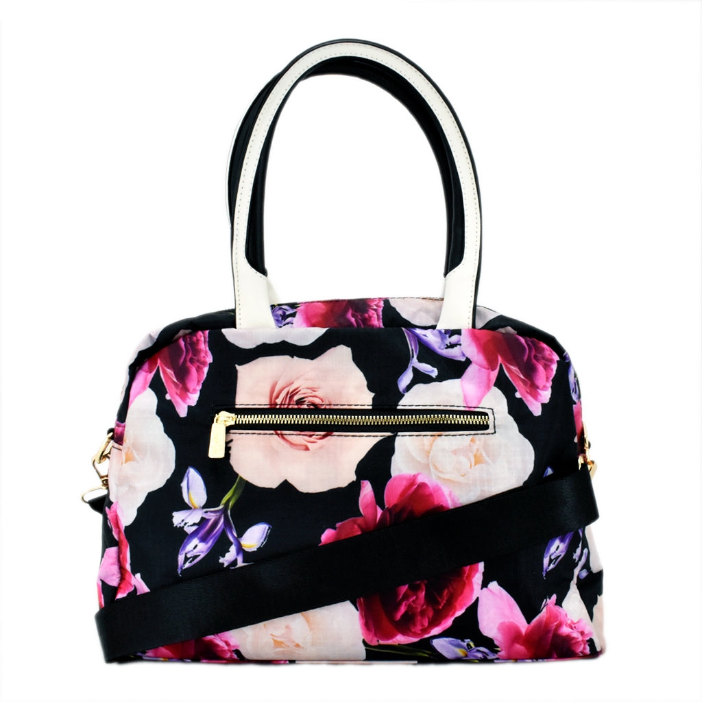 Bolsa [Baby Phat] tipo mini tote crossbody de nylon con asa a dos tonos y doble bolsa frontal con diseño floreado
