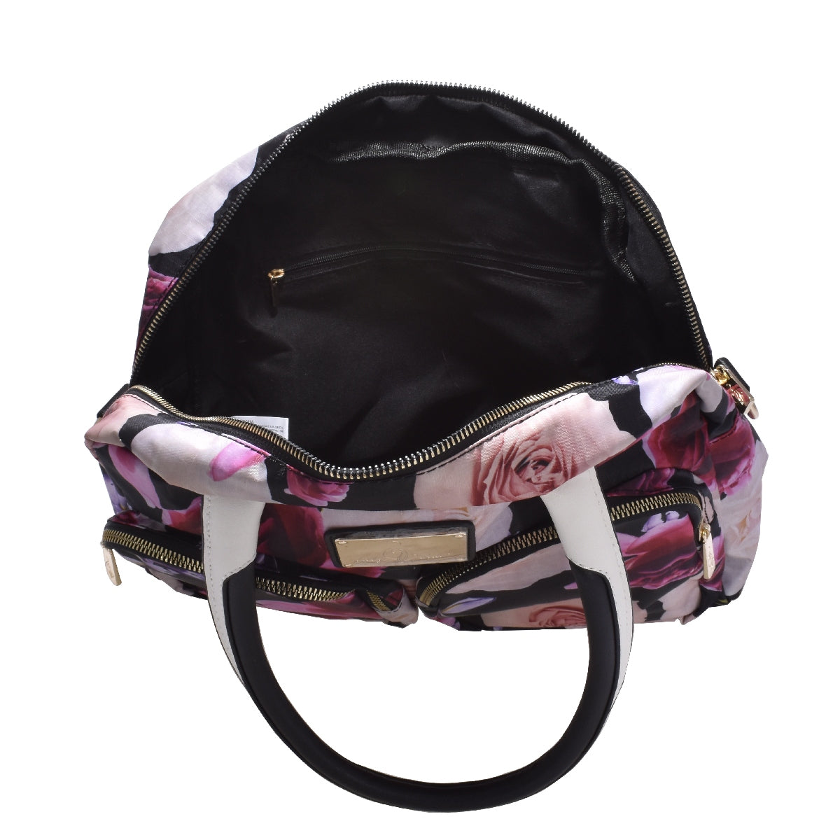 Bolsa [Baby Phat] tipo mini tote crossbody de nylon con asa a dos tonos y doble bolsa frontal con diseño floreado