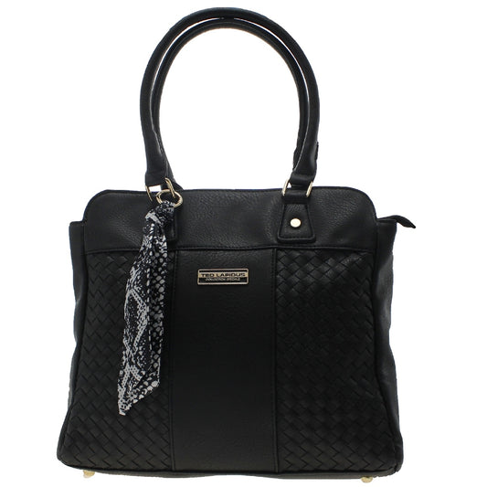 Bolsa [Ted Lapidus] tipo tote con diseño trenzado y listón decorativo color negro