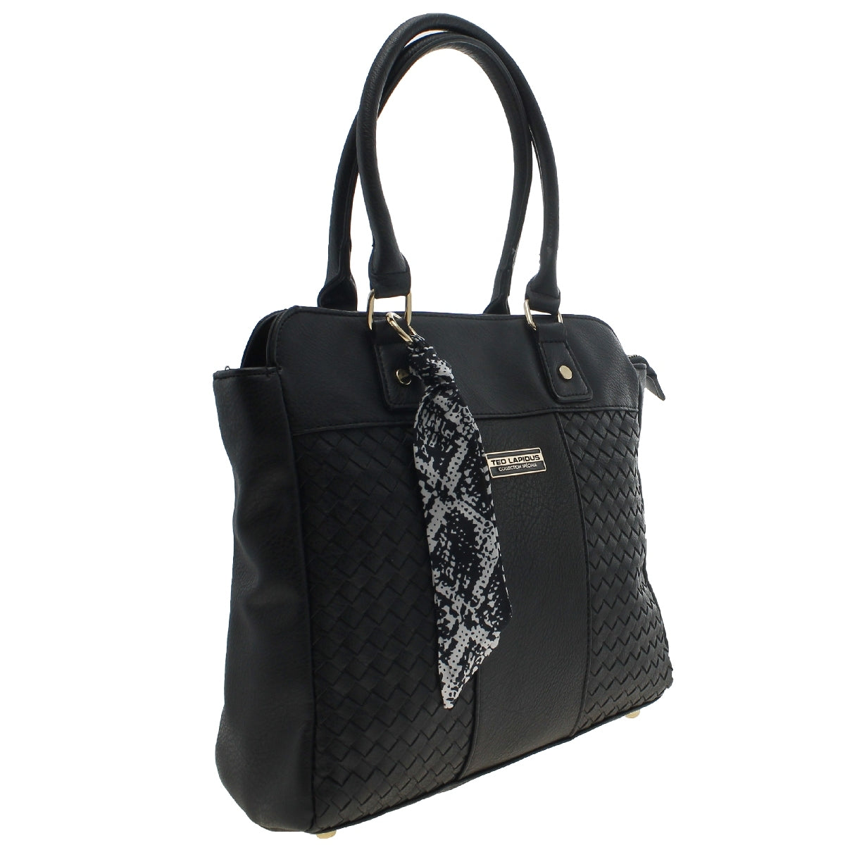 Bolsa [Ted Lapidus] tipo tote con diseño trenzado y listón decorativo color negro