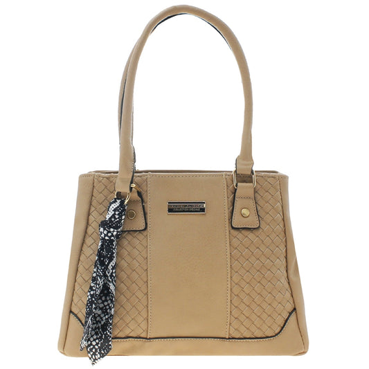 Bolsa [Ted Lapidus] tipo satchel con diseño trenzado y listón decorativo color beige