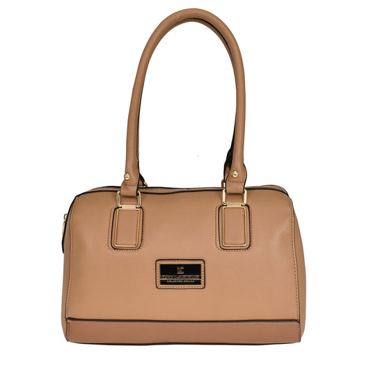 Bolsa [Ted Lapidus] tipo bowling con detalles dorados color beige