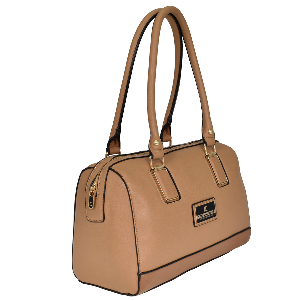 Bolsa [Ted Lapidus] tipo bowling con detalles dorados color beige