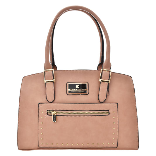 Bolsa Ted Lapidus tipo satchel con detalles dorados color rosa