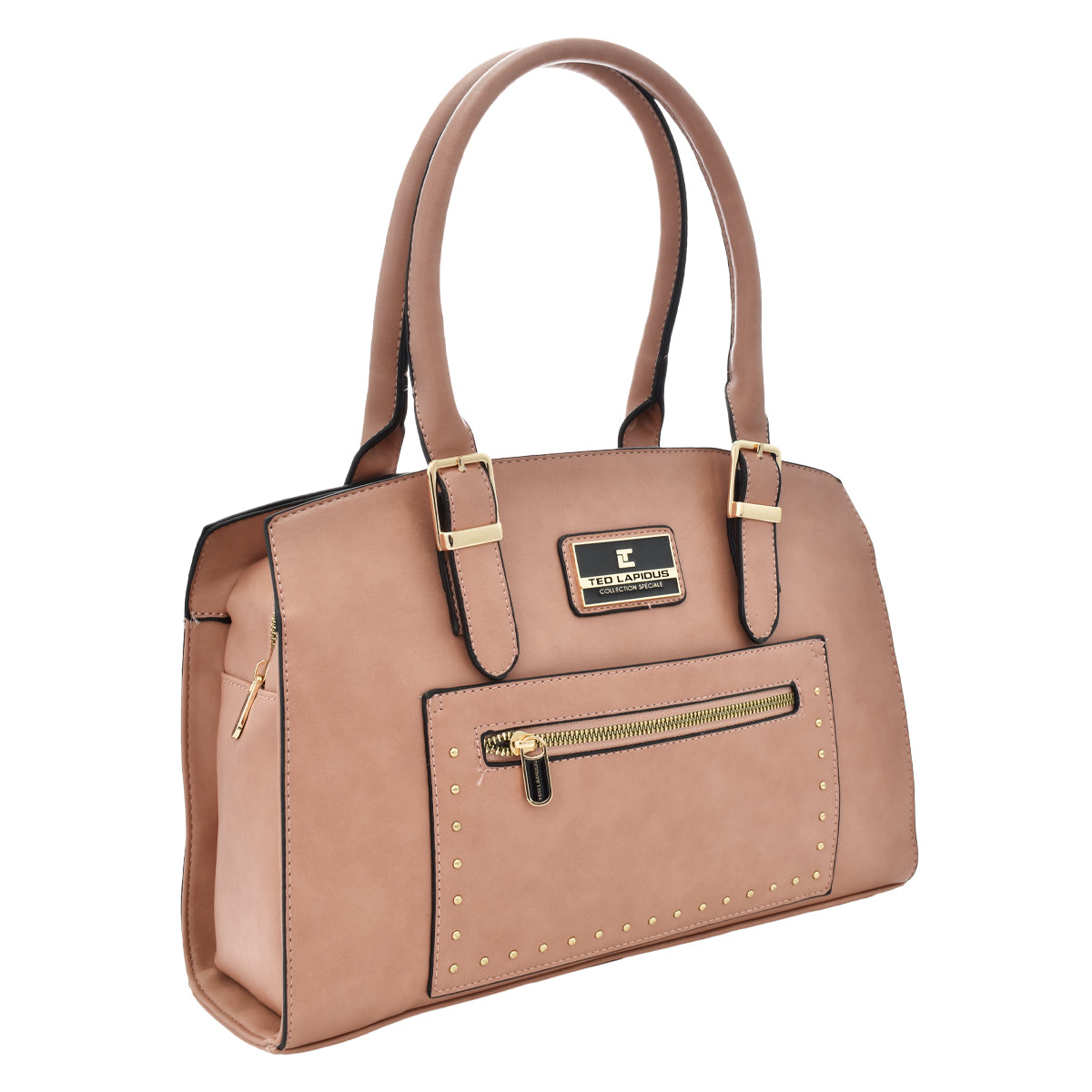 Bolsa Ted Lapidus tipo satchel con detalles dorados color rosa