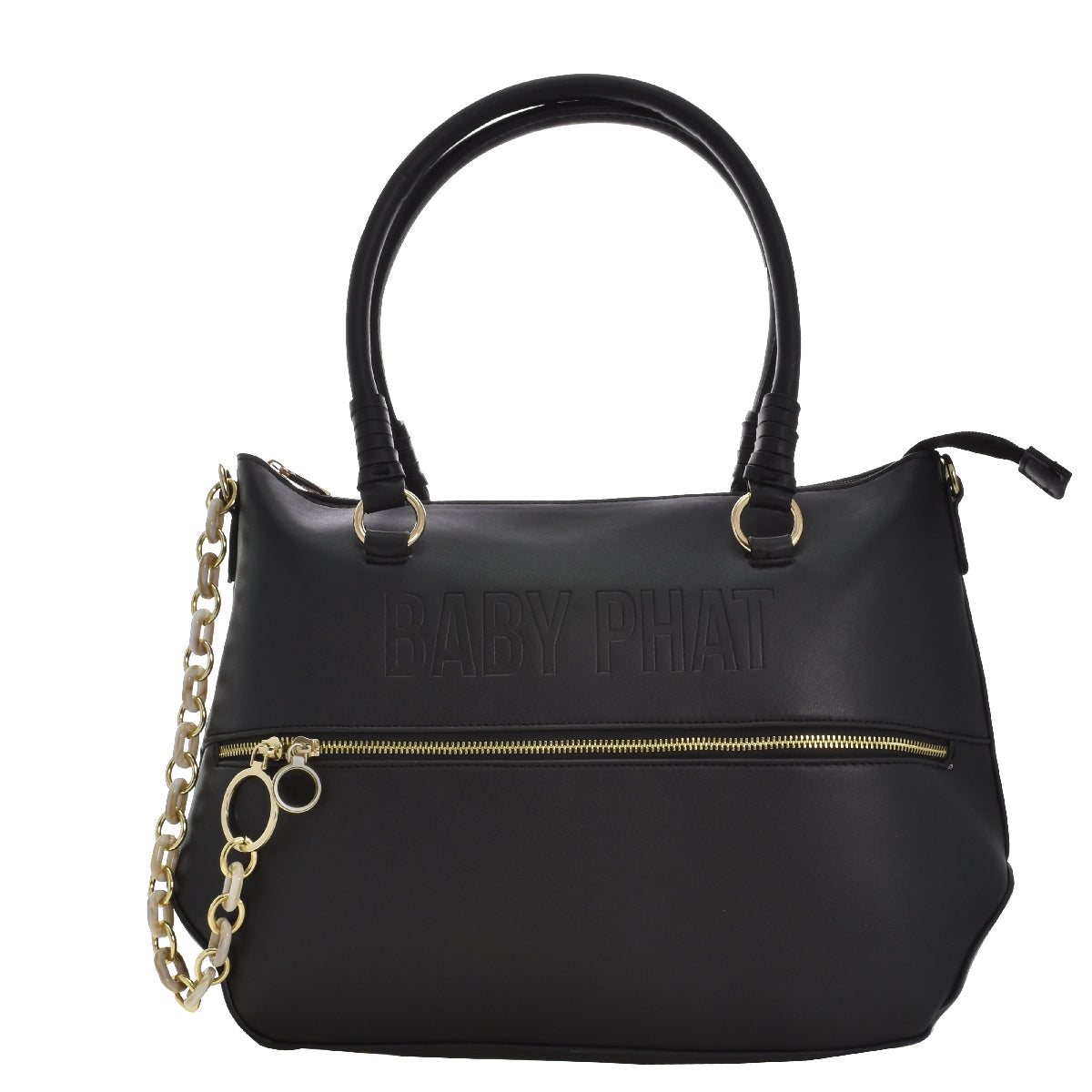 Bolsa [Baby Phat] tipo tote con diseño grabado, cadena y bolsa frontal color negro