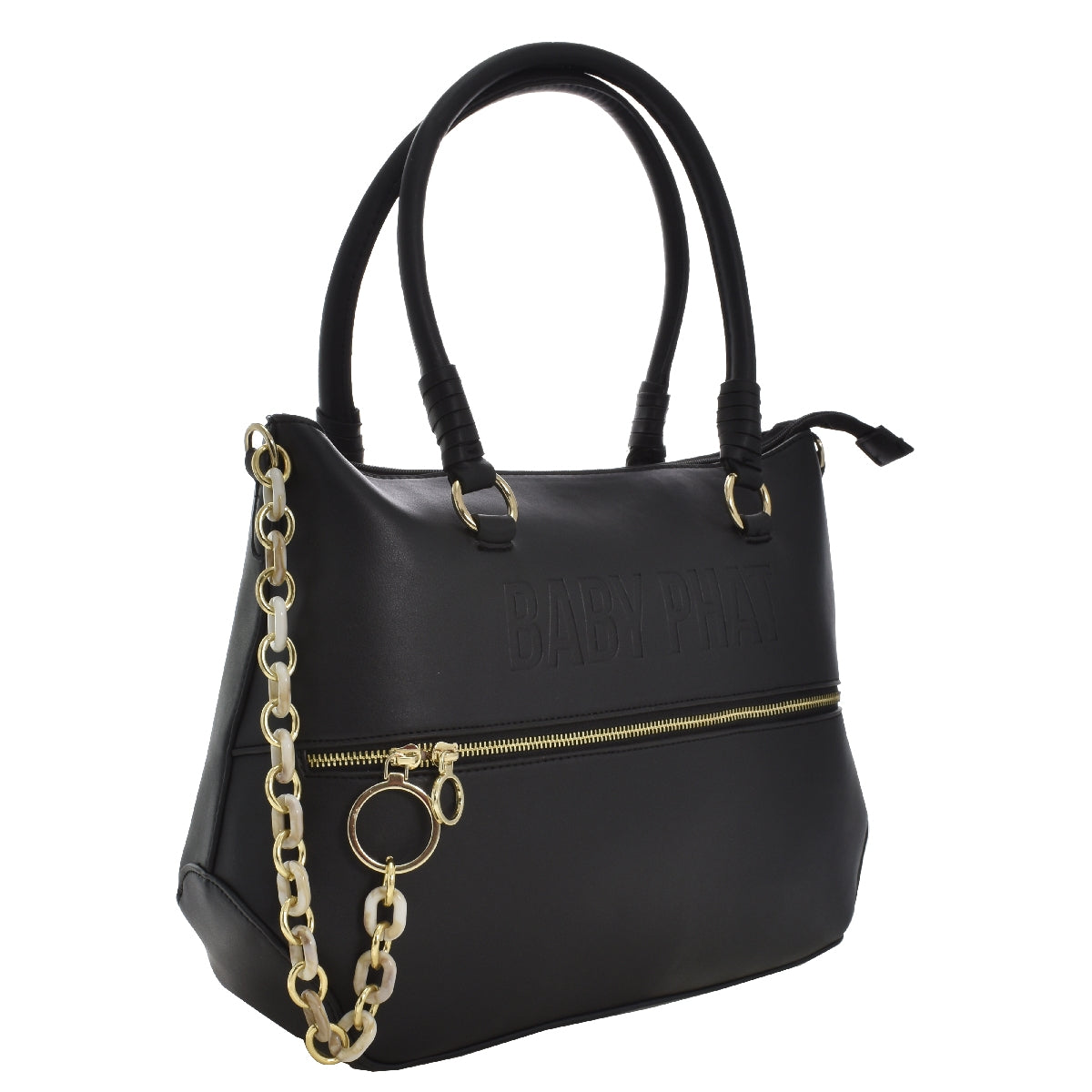 Bolsa [Baby Phat] tipo tote con diseño grabado, cadena y bolsa frontal color negro
