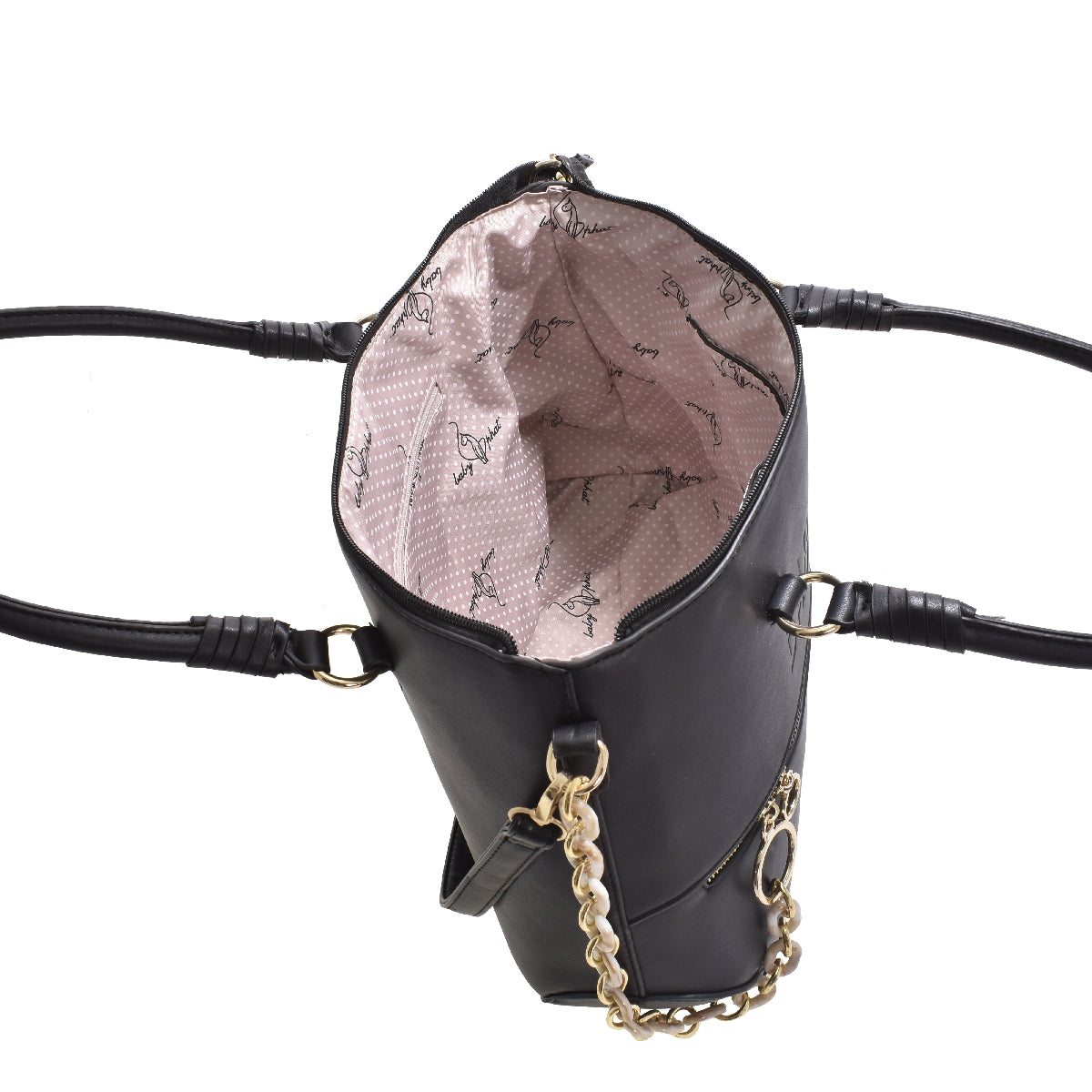 Bolsa [Baby Phat] tipo tote con diseño grabado, cadena y bolsa frontal color negro