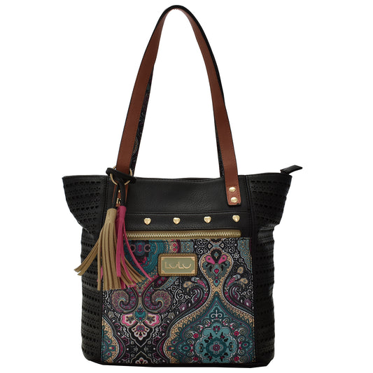 Bolsa [Lulu] tipo tote condiseño estilo boho y corazones hechos con corte laser color negro