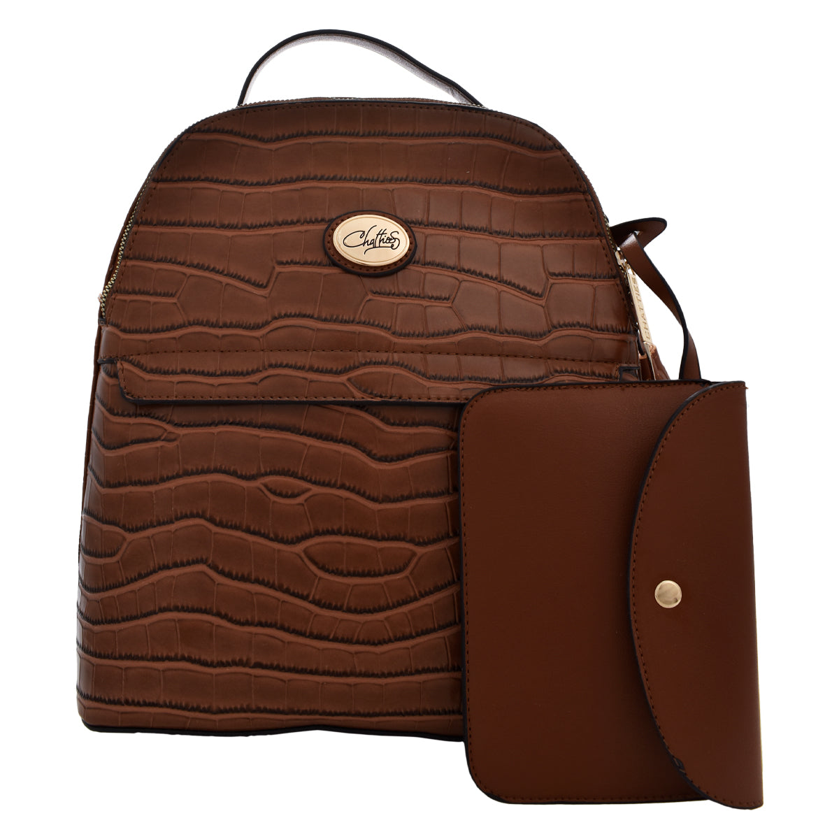 Backpack [Chatties] con diseño estilo animal print tipo piel de cocodrilo color camel