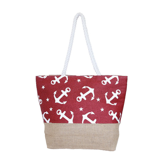 Bolsa  Lulu  tipo tote de yute con diseño de anclas color Rojo