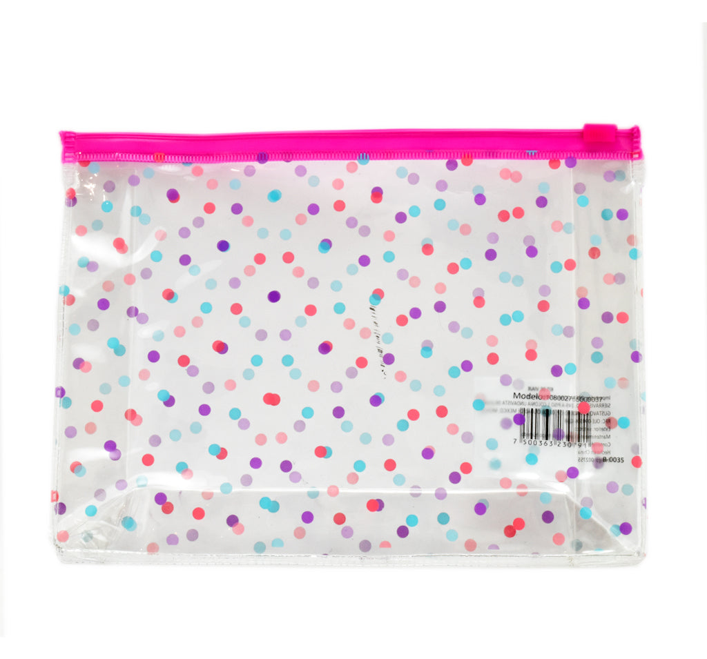 Linda cosmetiquera en forma de sombre con un estampado de puntos rosas, azules y morados. Su transparencia es ideal para que no tardes en buscar tus productos de belleza. Su pequeño tamaño permite que lo lleves a todos lados