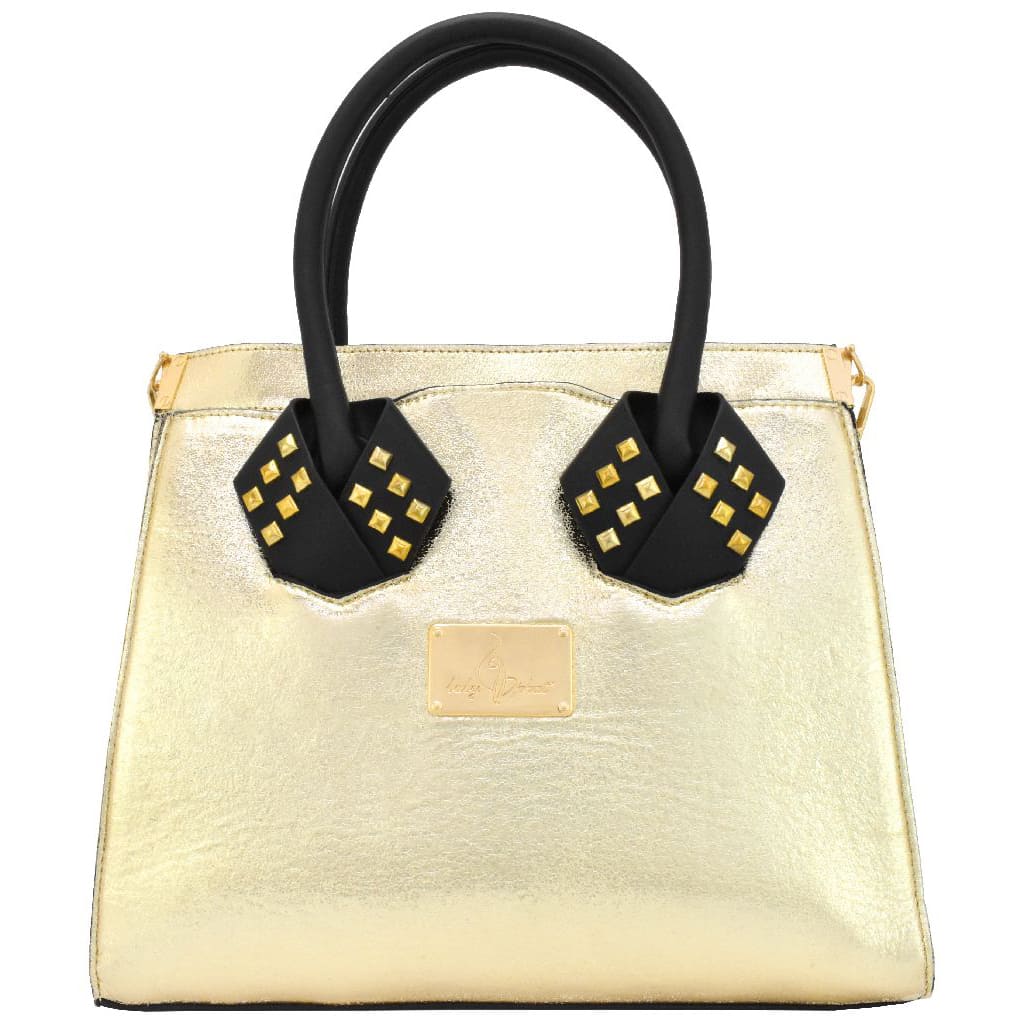 Bolsa Baby Phat tipo satchel crossbody con estoperoles color dorado.