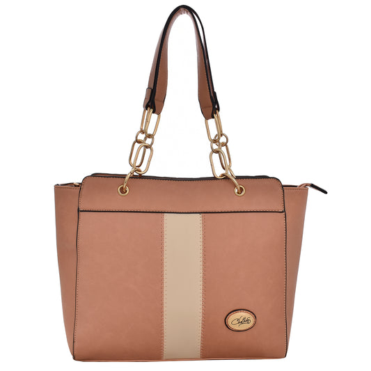 Bolsa [Chatties] tipo tote con franja y asa de cadena con detalles dorados color nude