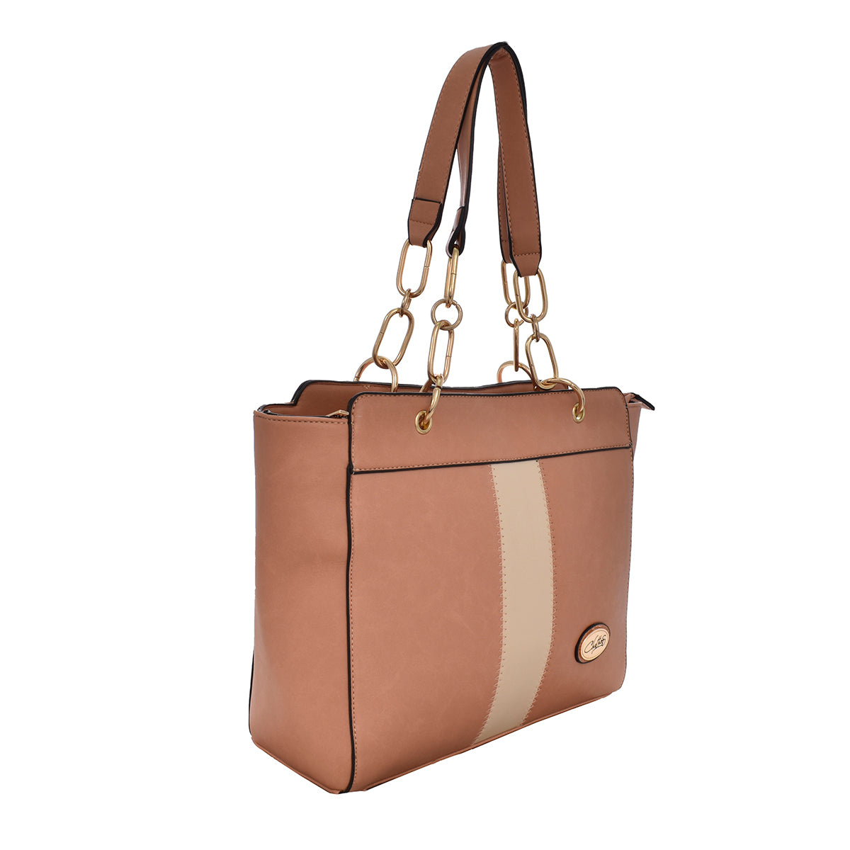 Bolsa [Chatties] tipo tote con franja y asa de cadena con detalles dorados color nude
