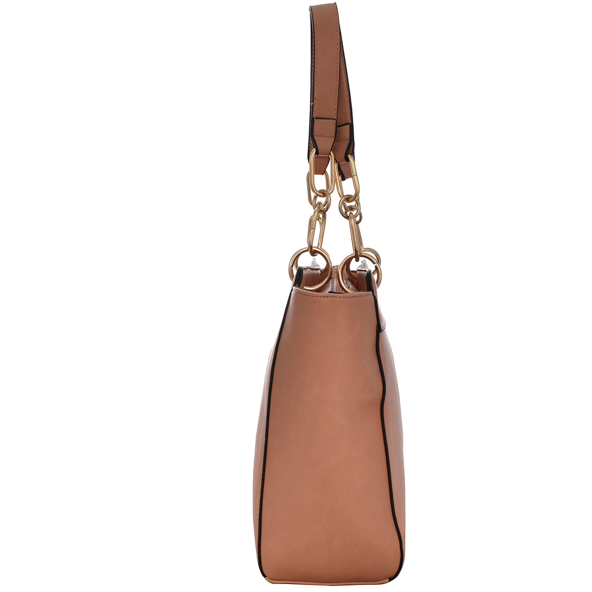 Bolsa [Chatties] tipo tote con franja y asa de cadena con detalles dorados color nude