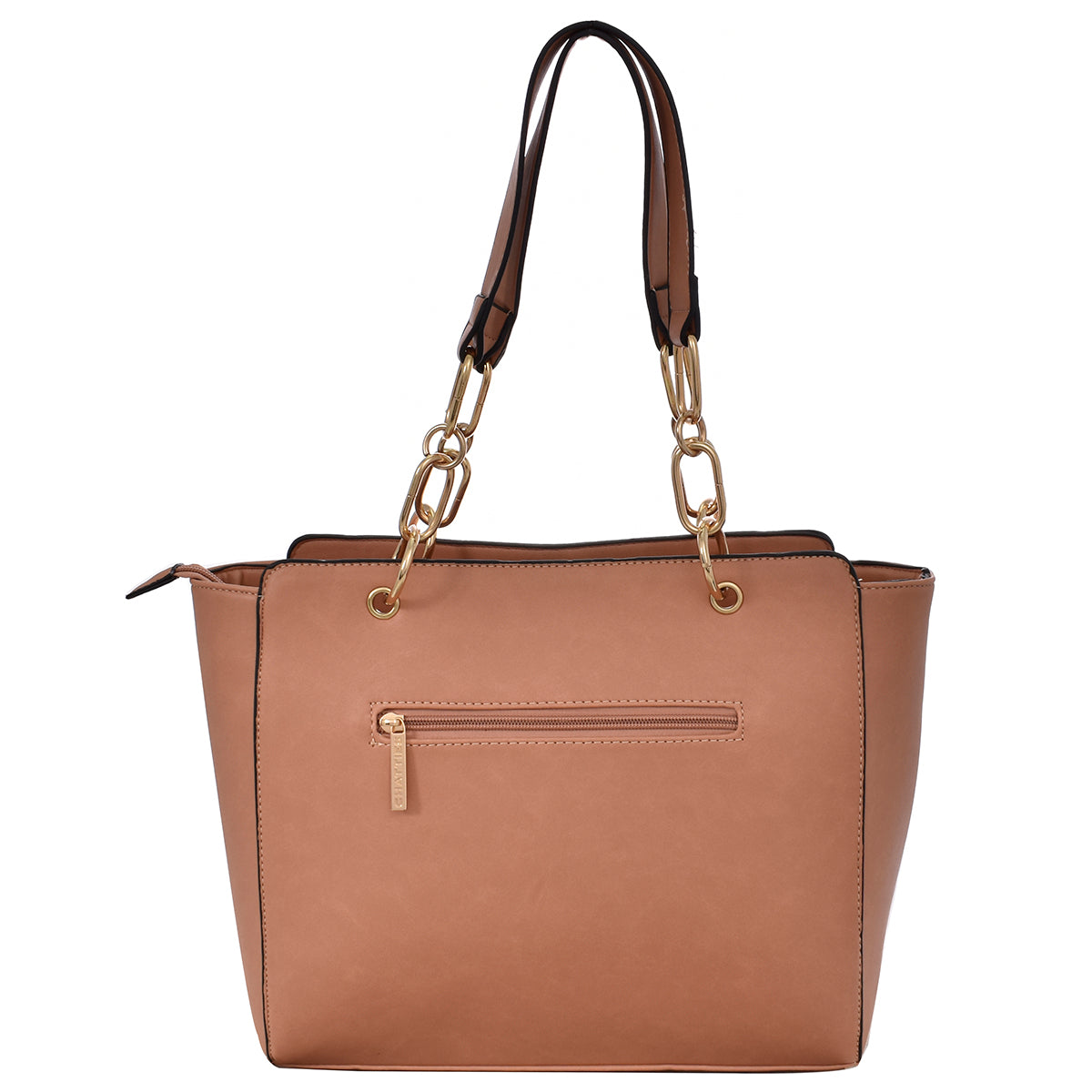 Bolsa [Chatties] tipo tote con franja y asa de cadena con detalles dorados color nude