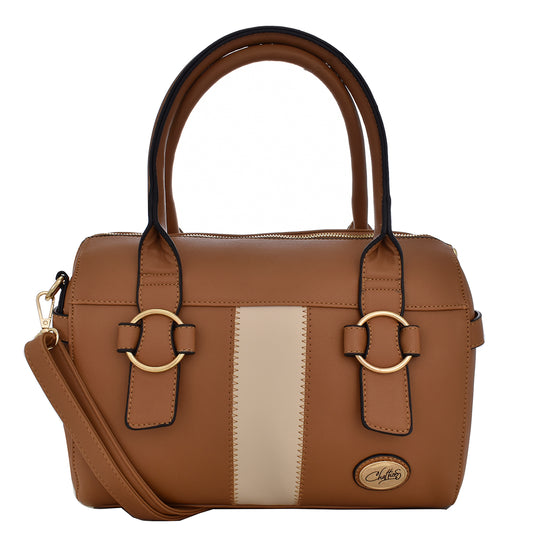 Bolsa [Chatties] tipo bowler con franja y detalles dorados color camel