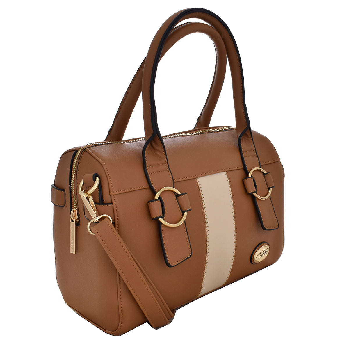 Bolsa [Chatties] tipo bowler con franja y detalles dorados color camel
