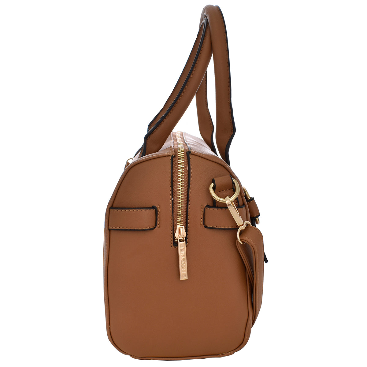 Bolsa [Chatties] tipo bowler con franja y detalles dorados color camel