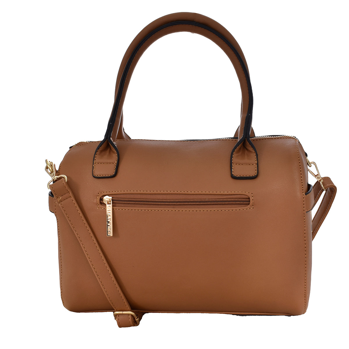 Bolsa [Chatties] tipo bowler con franja y detalles dorados color camel
