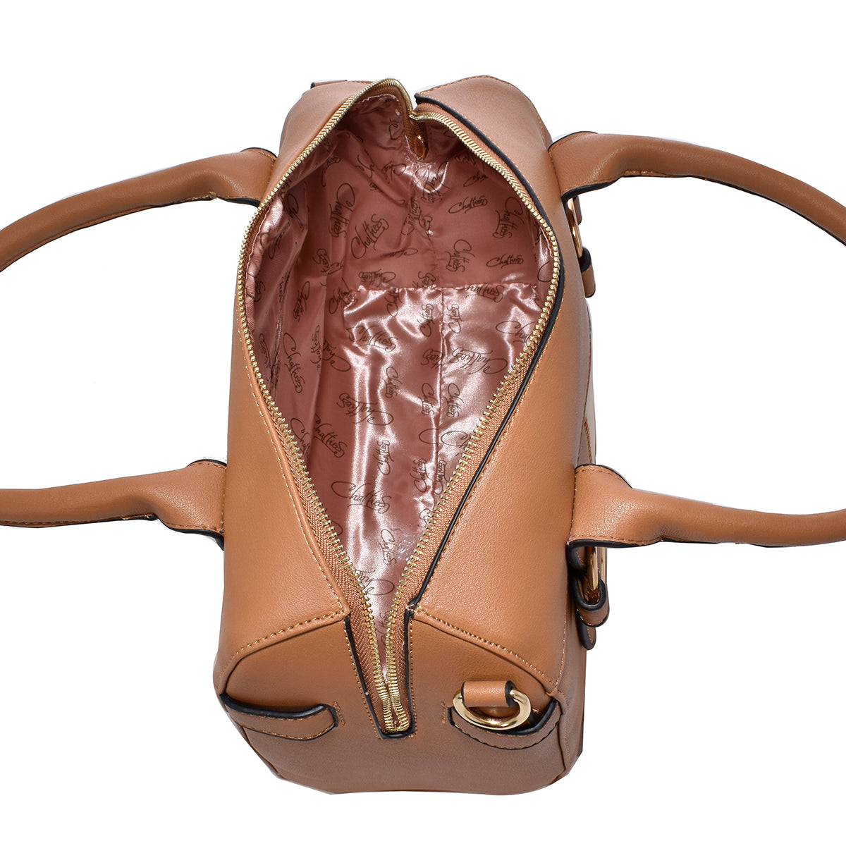 Bolsa [Chatties] tipo bowler con franja y detalles dorados color camel
