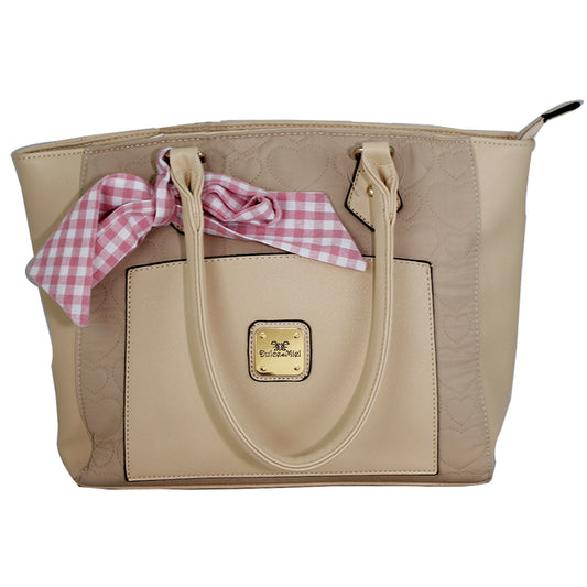Bolsa Dulce miel tipo mini tote con moño y diseño de corazones color beige