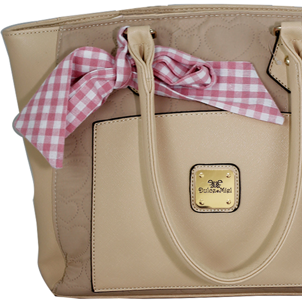 Bolsa [Dulce Miel] tipo mini tote con moño y diseño de corazones color beige