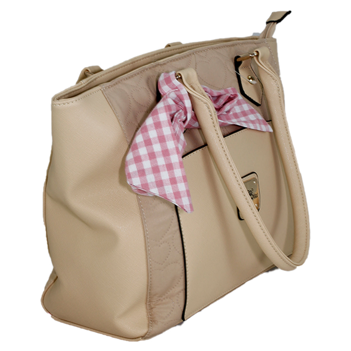 Bolsa [Dulce Miel] tipo mini tote con moño y diseño de corazones color beige