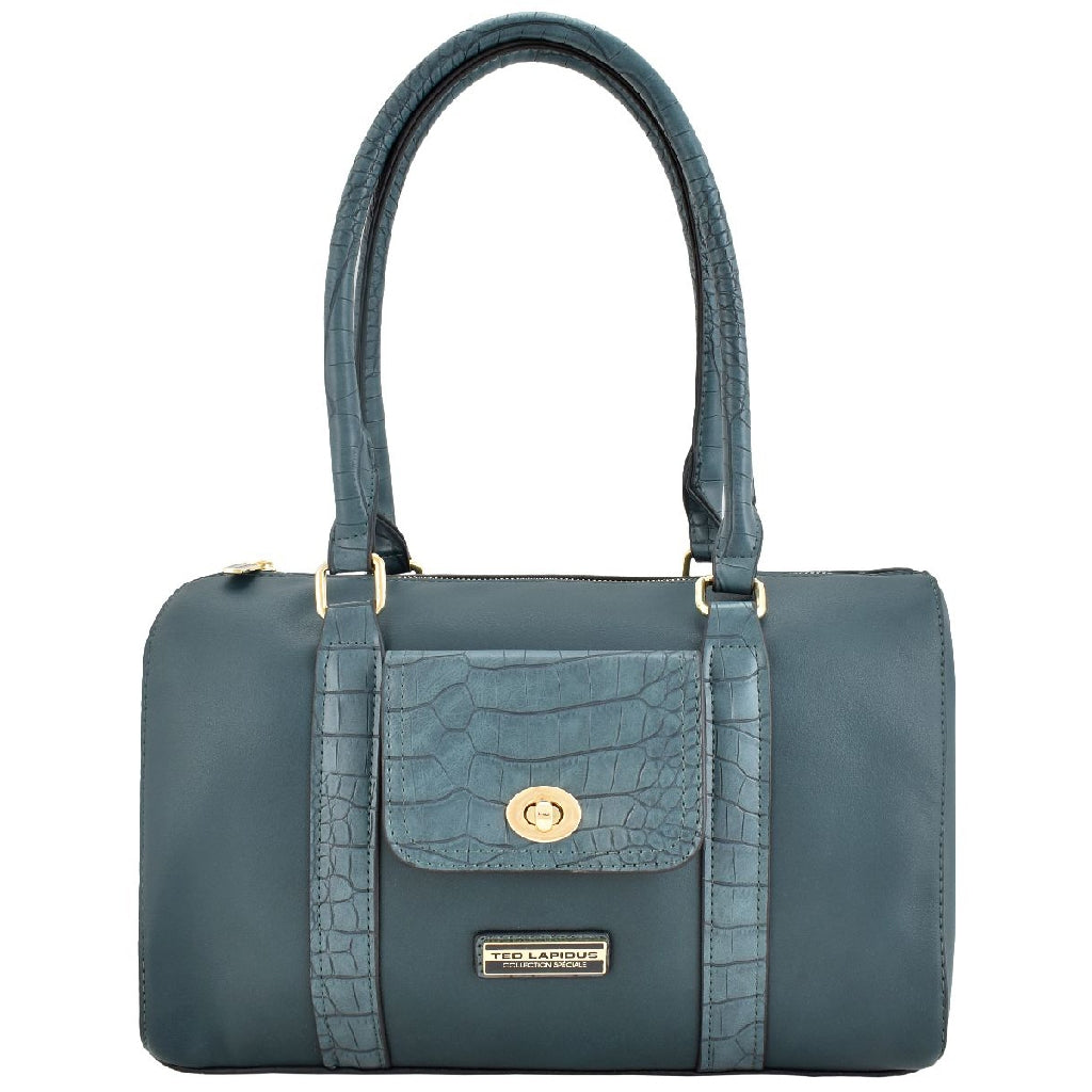 Bolsa [Ted Lapidus] tipo bowling con diseño tipo piel de cocodrilo en asa y bolsa frontal colornavy