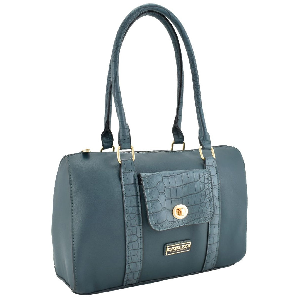 Bolsa [Ted Lapidus] tipo bowling con diseño tipo piel de cocodrilo en asa y bolsa frontal colornavy
