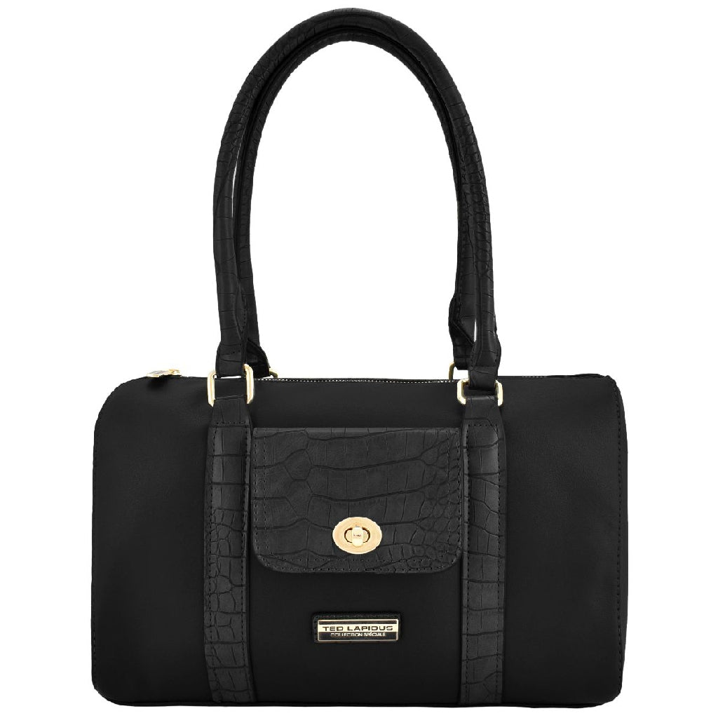 Bolsa [Ted Lapidus] tipo bowling con diseño tipo piel de cocodrilo en asa y bolsa frontal color negro.