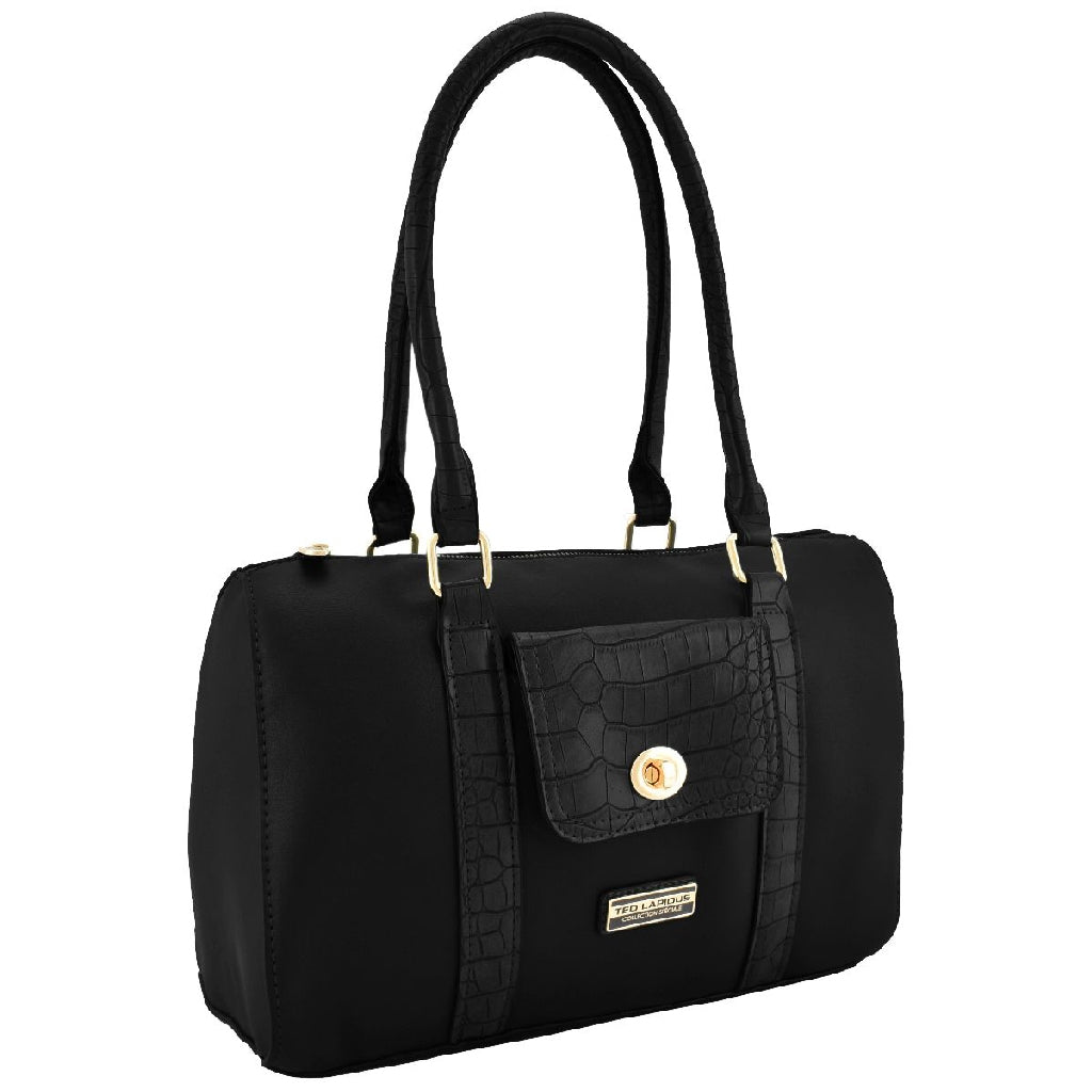 Bolsa [Ted Lapidus] tipo bowling con diseño tipo piel de cocodrilo en asa y bolsa frontal color negro