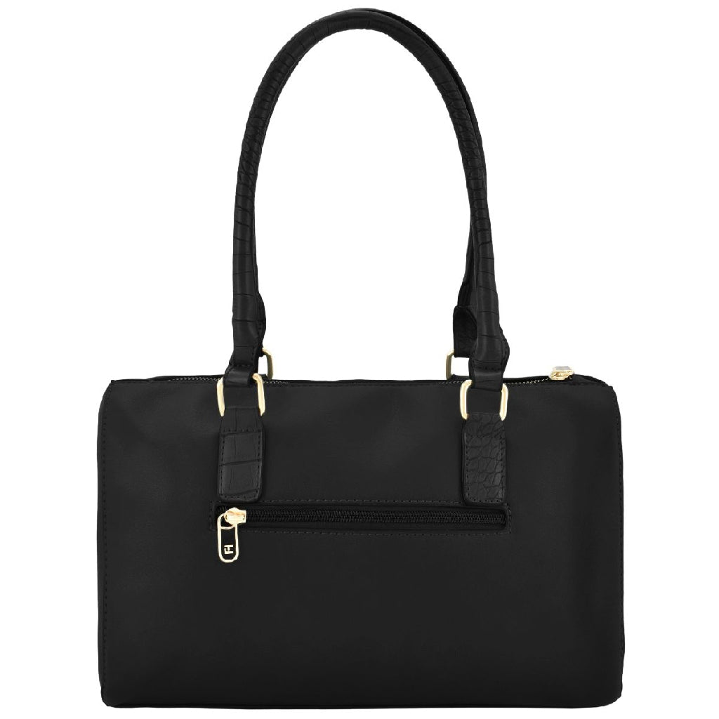 Bolsa [Ted Lapidus] tipo bowling con diseño tipo piel de cocodrilo en asa y bolsa frontal color negro