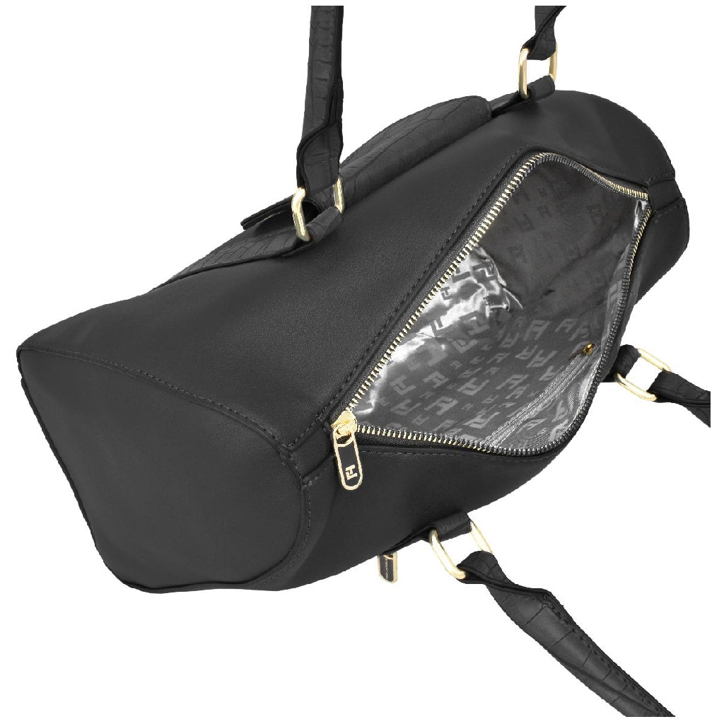 Bolsa [Ted Lapidus] tipo bowling con diseño tipo piel de cocodrilo en asa y bolsa frontal color negro