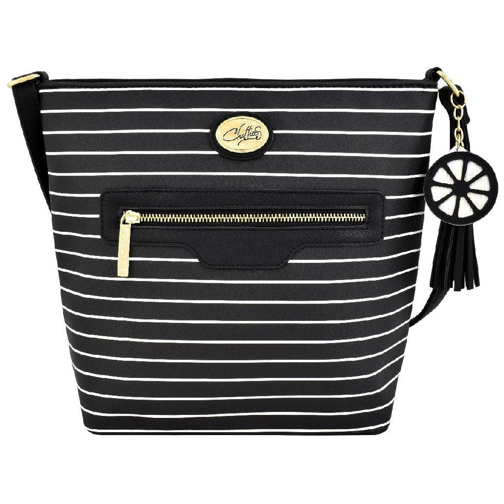 Bolsa [Chatties] tipo crossbody con diseño de rayas  y tassel color negro