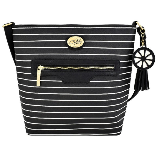 Bolsa [Chatties] tipo crossbody con diseño de rayas  y tassel color negro